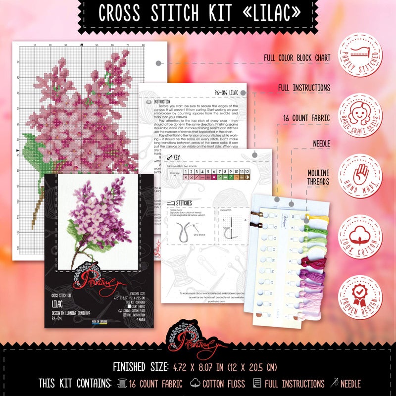 Povitrulya Counted Cross Stitch Kit for Adults â€œLilacâ€ | Hand Embroidery Kits - Mother's Day Gift for Mom or Grandma - Image 3